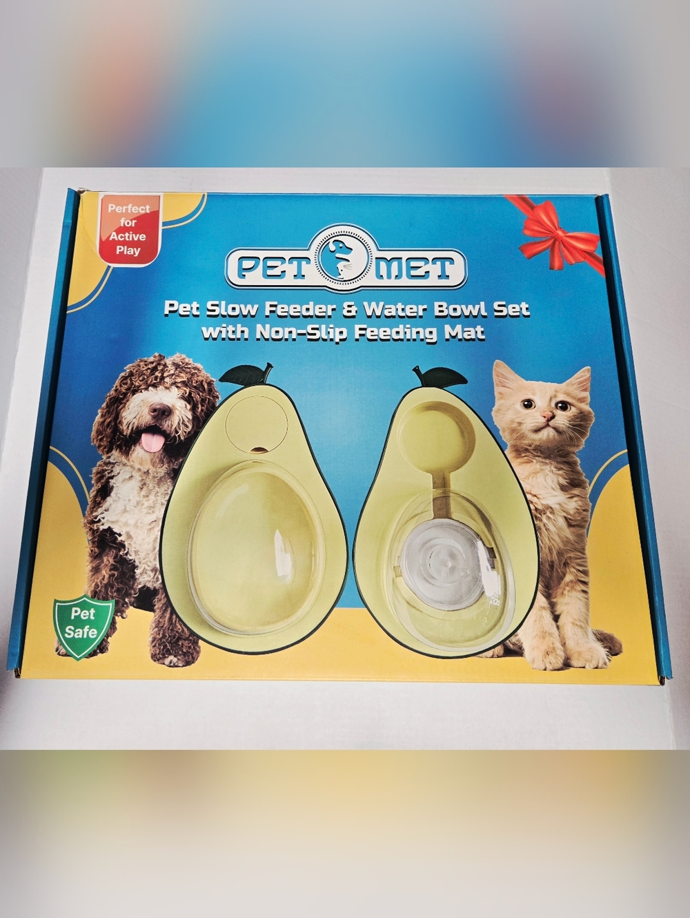 Pet Slow Feeder & Water Bowl Set Avocado Design Non Slip Mat Dog Cat Feeding Set